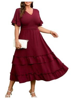 Plus Size Ruffle Sleeve V Neck Tiered A-Line Maxi Dress Wedding Guest